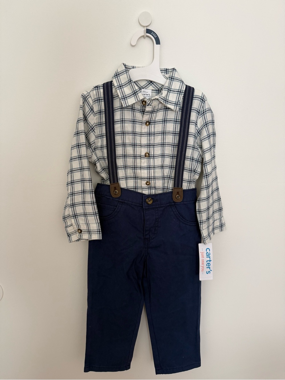 Carter's Cream Plaid Button Shirt with Navy Suspender Pants